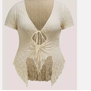 Plus Womens Knot Front Drawstring Lettuce Trim Sheer Top Size 3XL